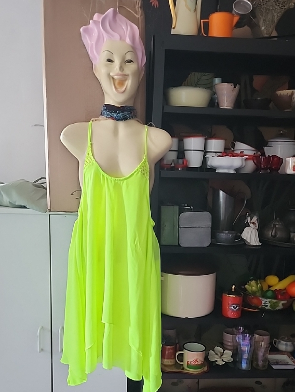 Neon Yellow Green Dress Chiffon Knee Length Size Med To Large Dbl Layer